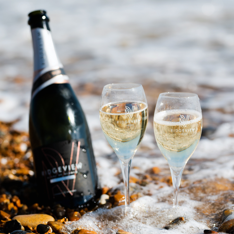 bottle of wine with two flutes filled with sparkling wine on the beach